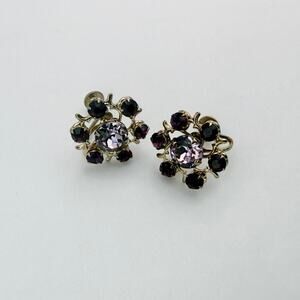Vintage 40s Purple Rhinestone Earrings Floral Cluster Screw-Back